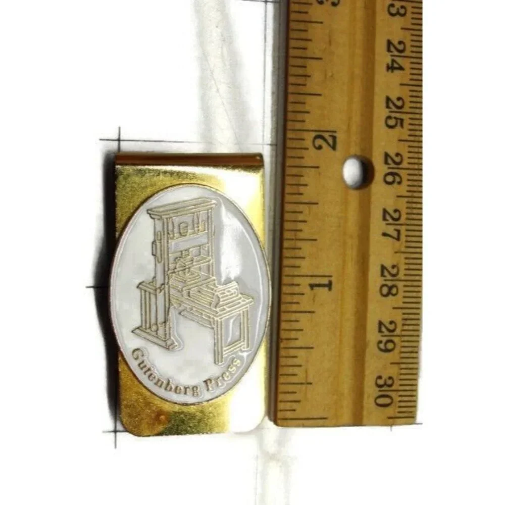Gutenberg Press Gold Tone Money Clip Wallet Credit Card Cash ID Holder